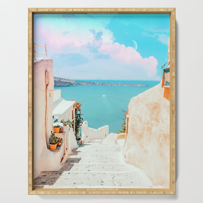 Surreal Greece, Tropical Travel Scenic Photography, Colorful Pastel Landscape Bohemian Architecture Serving Tray