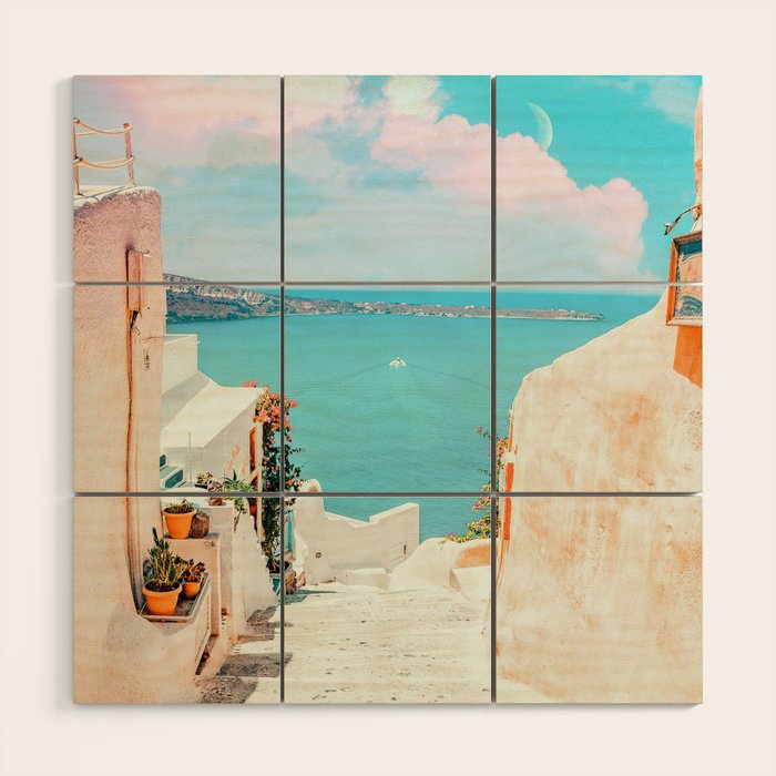 Surreal Greece, Tropical Travel Scenic Photography, Colorful Pastel Landscape Bohemian Architecture Wood Wall Art