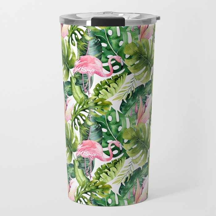 Flamingo Tropical, Colorful Tropical Jungle Monstera Painting, Watercolor Birds Banana Leaves Travel Mug
