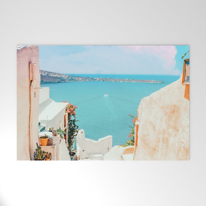 Surreal Greece, Tropical Travel Scenic Photography, Colorful Pastel Landscape Bohemian Architecture Welcome Mat