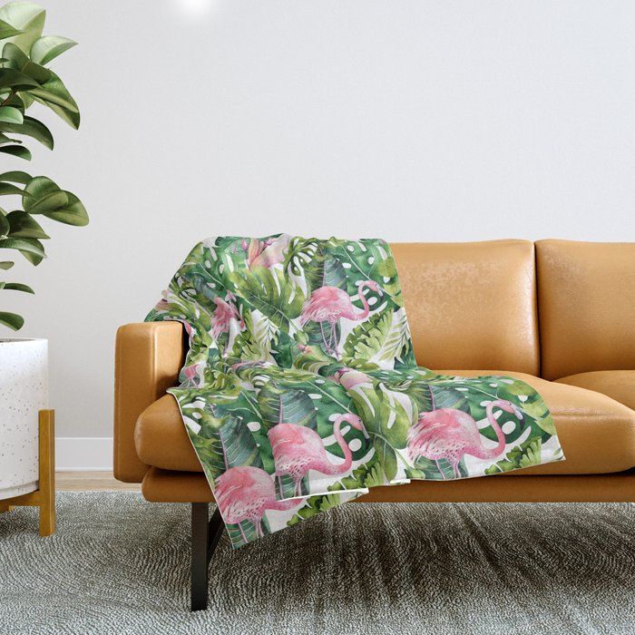 Flamingo Tropical, Colorful Tropical Jungle Monstera Painting, Watercolor Birds Banana Leaves Throw Blanket