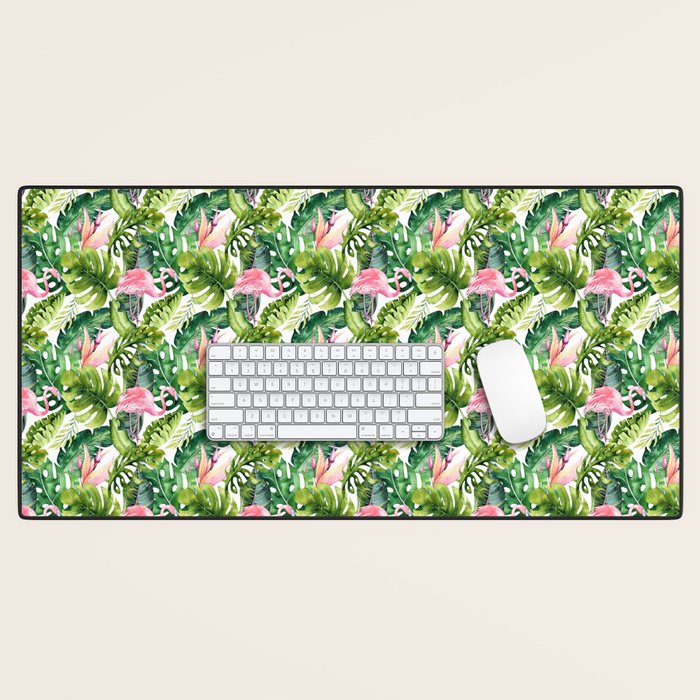 Flamingo Tropical, Colorful Tropical Jungle Monstera Painting, Watercolor Birds Banana Leaves Desk Mat