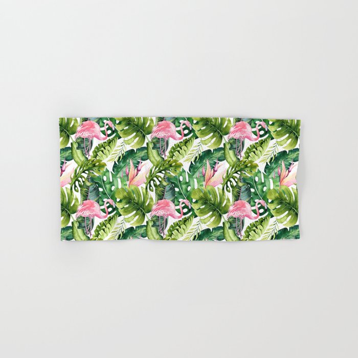Flamingo Tropical, Colorful Tropical Jungle Monstera Painting, Watercolor Birds Banana Leaves Bath Towel