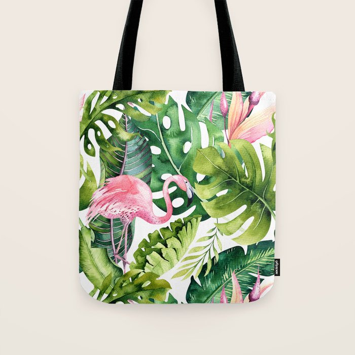 Flamingo Tropical, Colorful Tropical Jungle Monstera Painting, Watercolor Birds Banana Leaves Tote Bag