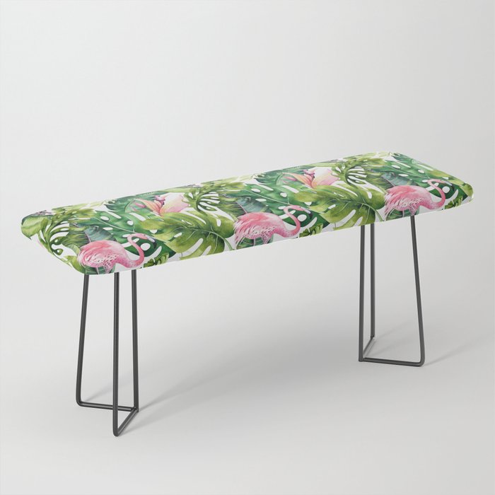Flamingo Tropical, Colorful Tropical Jungle Monstera Painting, Watercolor Birds Banana Leaves Bench