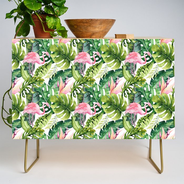 Flamingo Tropical, Colorful Tropical Jungle Monstera Painting, Watercolor Birds Banana Leaves Credenza