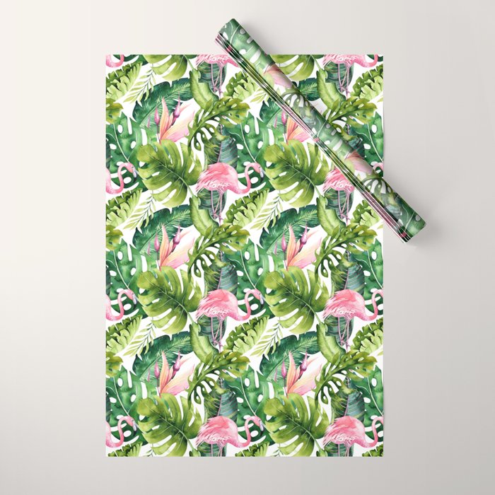 Flamingo Tropical, Colorful Tropical Jungle Monstera Painting, Watercolor Birds Banana Leaves Wrapping Paper