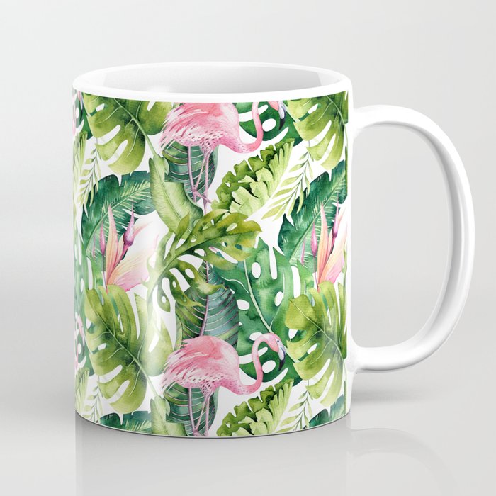 Flamingo Tropical, Colorful Tropical Jungle Monstera Painting, Watercolor Birds Banana Leaves Coffee Mug