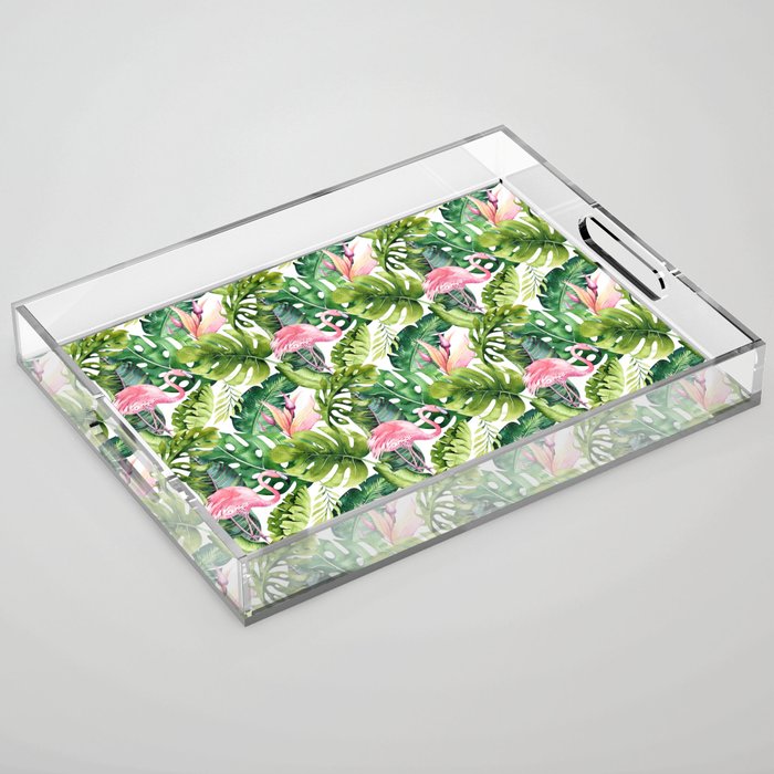 Flamingo Tropical, Colorful Tropical Jungle Monstera Painting, Watercolor Birds Banana Leaves Acrylic Tray