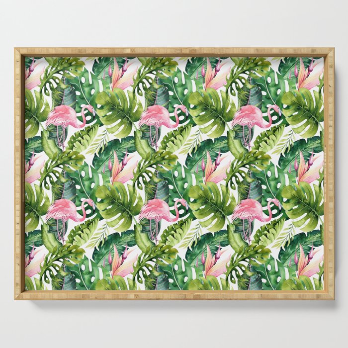 Flamingo Tropical, Colorful Tropical Jungle Monstera Painting, Watercolor Birds Banana Leaves Serving Tray