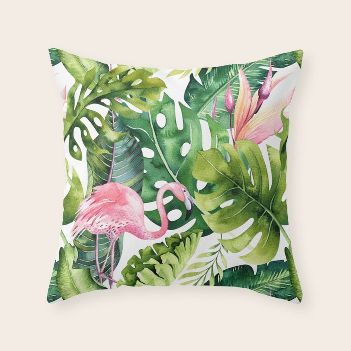 Flamingo Tropical, Colorful Tropical Jungle Monstera Painting, Watercolor Birds Banana Leaves Throw Pillow