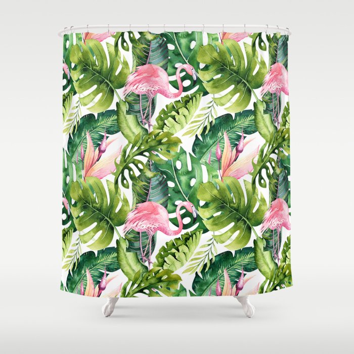 Flamingo Tropical, Colorful Tropical Jungle Monstera Painting, Watercolor Birds Banana Leaves Shower Curtain
