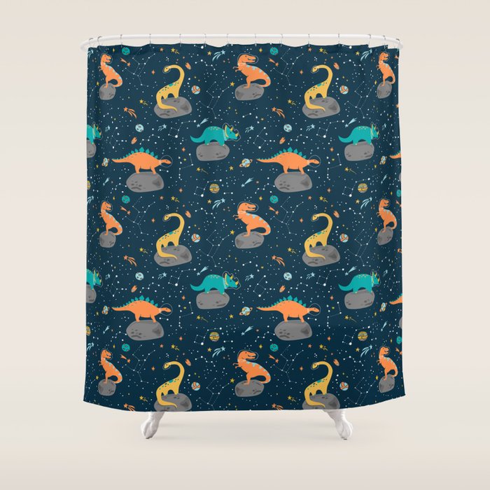 Dinosaurs Floating On An Asteroid Shower Curtain