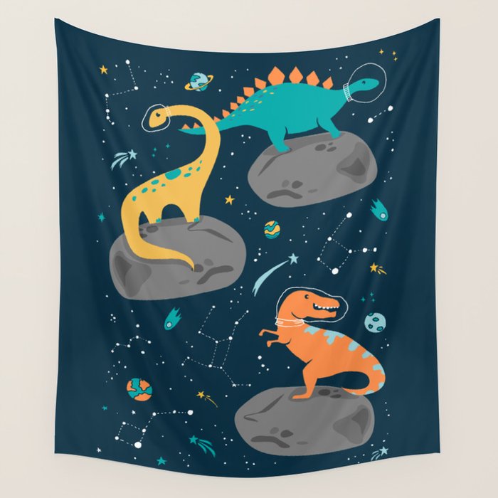 Dinosaurs Floating On An Asteroid Wall Tapestry