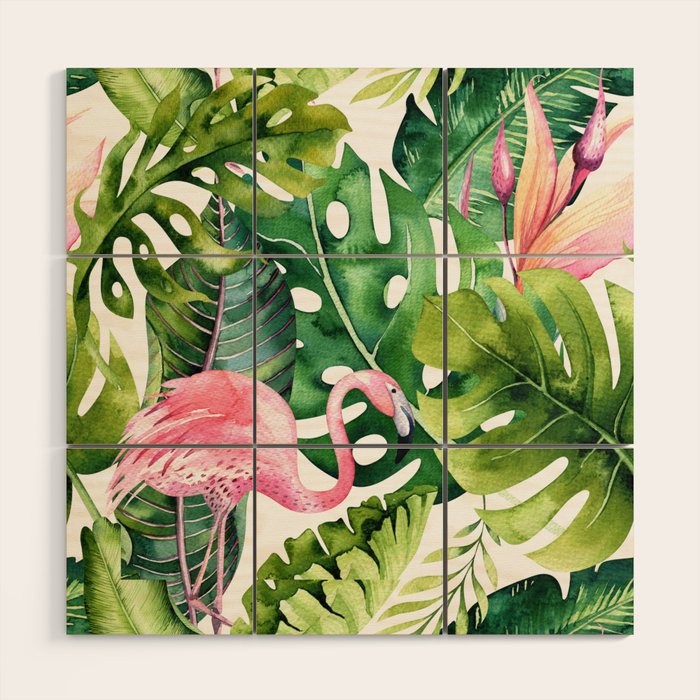 Flamingo Tropical, Colorful Tropical Jungle Monstera Painting, Watercolor Birds Banana Leaves Wood Wall Art