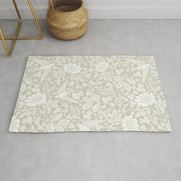Vintage Elegant White Ivory Cream Swallows Floral Rug