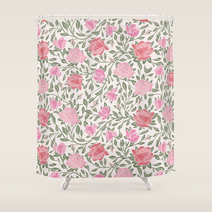 Modern Vintage Chic Blush Pink Forest Green Floral Shower Curtain