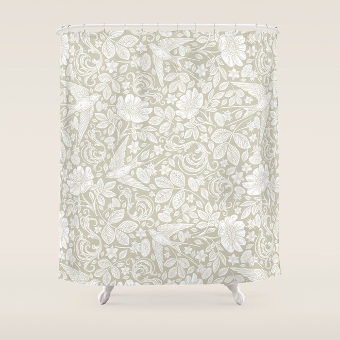 Vintage Elegant White Ivory Cream Swallows Floral Shower Curtain