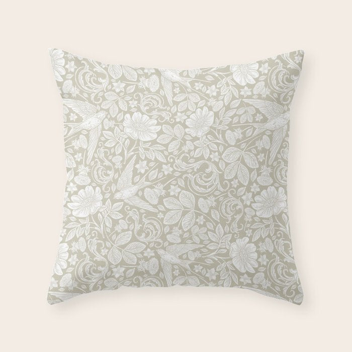 Vintage Elegant White Ivory Cream Swallows Floral Throw Pillow