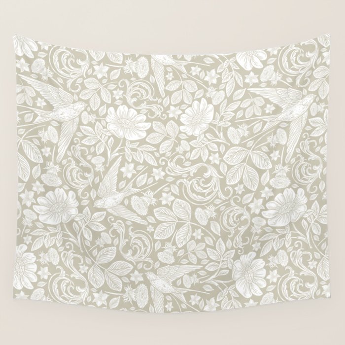Vintage Elegant White Ivory Cream Swallows Floral Wall Tapestry