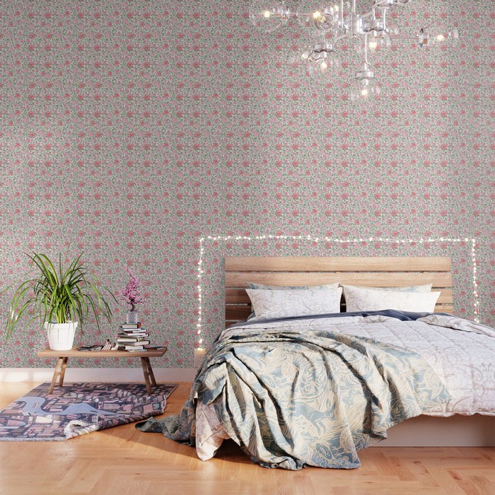Modern Vintage Chic Blush Pink Forest Green Floral Wallpaper