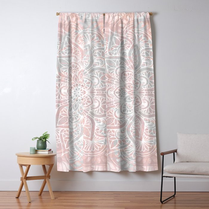 Mandala, Yoga, Love, Coral And Gray, Wall Art Boho Window Curtain