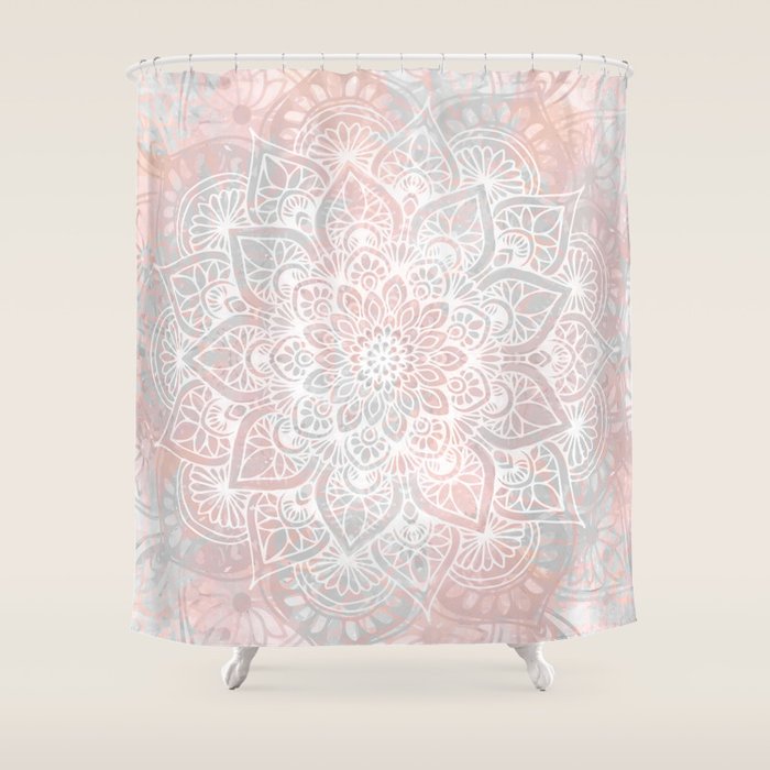 Mandala, Yoga, Love, Coral And Gray, Wall Art Boho Shower Curtain