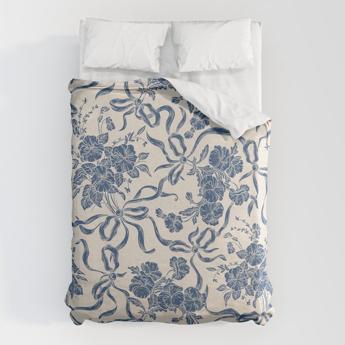 Chic Modern Vintage Ivory Navy Blue Floral Pattern Duvet Cover
