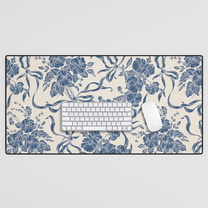 Chic Modern Vintage Ivory Navy Blue Floral Pattern Desk Mat