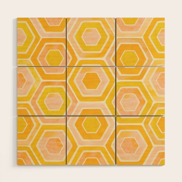 Golden Geometric Tiles Watercolor Wood Wall Art