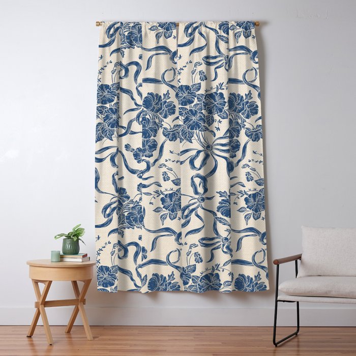 Chic Modern Vintage Ivory Navy Blue Floral Pattern Window Curtain