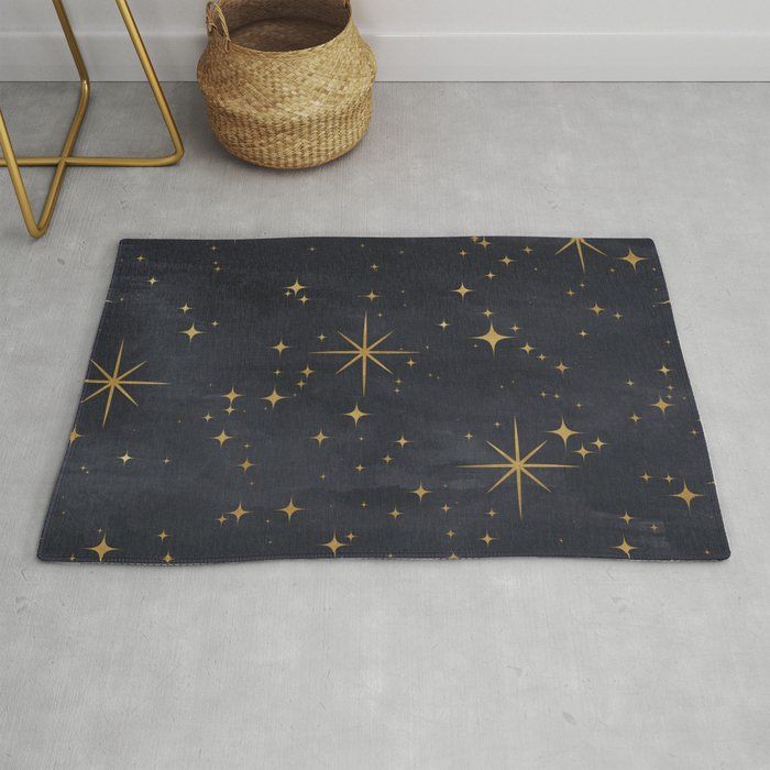 Gold Stars Black Ink Night Sky Magical Mid Century Pattern Rug
