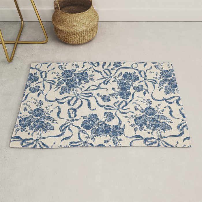 Chic Modern Vintage Ivory Navy Blue Floral Pattern Rug