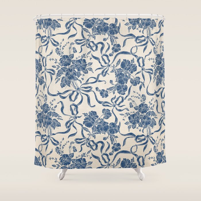 Chic Modern Vintage Ivory Navy Blue Floral Pattern Shower Curtain