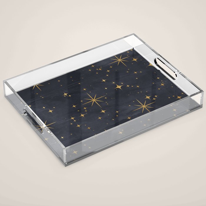 Gold Stars Black Ink Night Sky Magical Mid Century Pattern Acrylic Tray