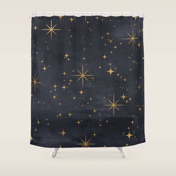 Gold Stars Black Ink Night Sky Magical Mid Century Pattern Shower Curtain