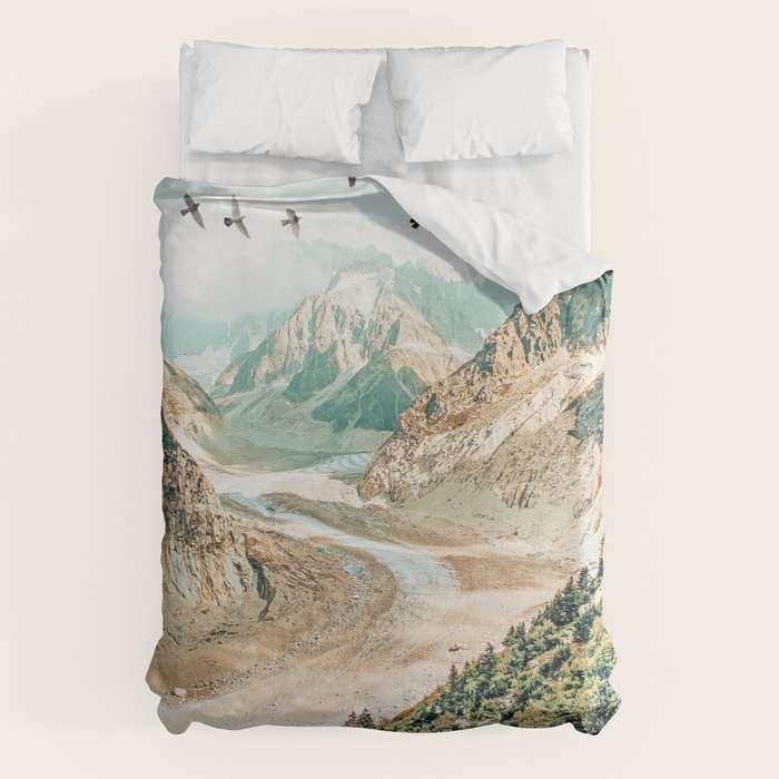 Apricity, Scenic Neutral Pastel Nature Travel Photography, Mountains Exotic Birds Landscape Path Duvet Cover