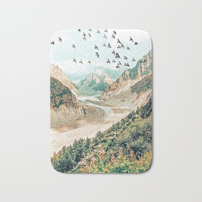 Apricity, Scenic Neutral Pastel Nature Travel Photography, Mountains Exotic Birds Landscape Path Bath Mat