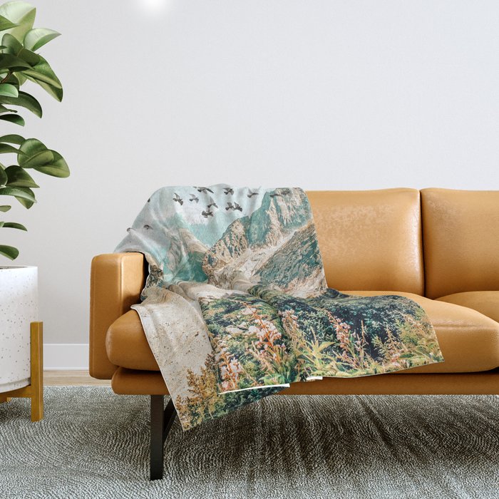 Apricity, Scenic Neutral Pastel Nature Travel Photography, Mountains Exotic Birds Landscape Path Throw Blanket