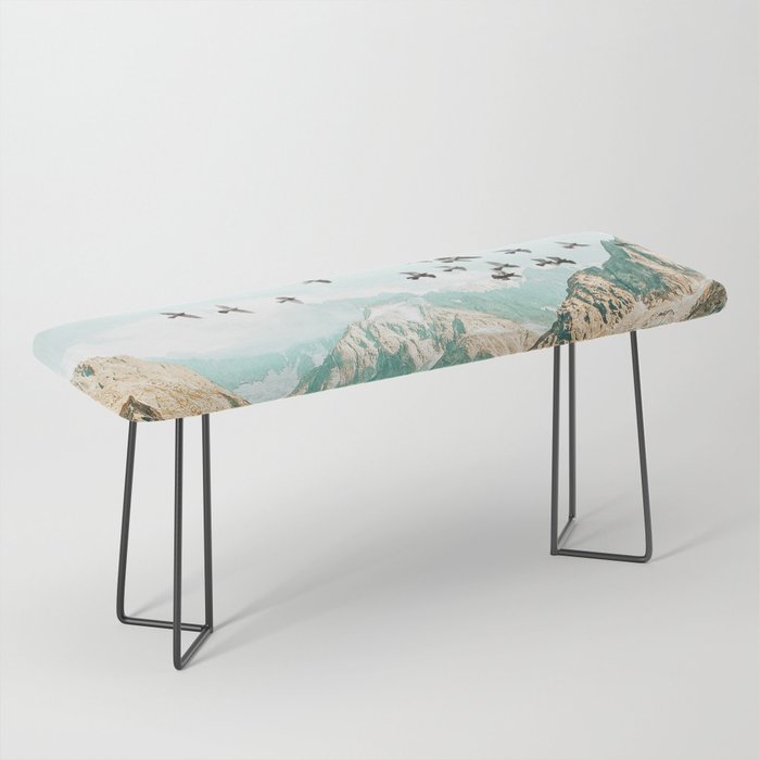 Apricity, Scenic Neutral Pastel Nature Travel Photography, Mountains Exotic Birds Landscape Path Bench