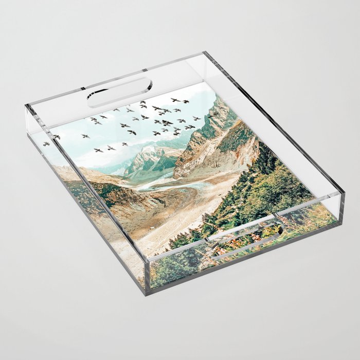 Apricity, Scenic Neutral Pastel Nature Travel Photography, Mountains Exotic Birds Landscape Path Acrylic Tray