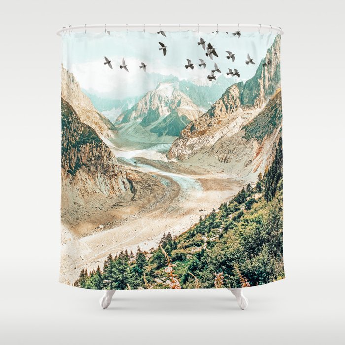 Apricity, Scenic Neutral Pastel Nature Travel Photography, Mountains Exotic Birds Landscape Path Shower Curtain