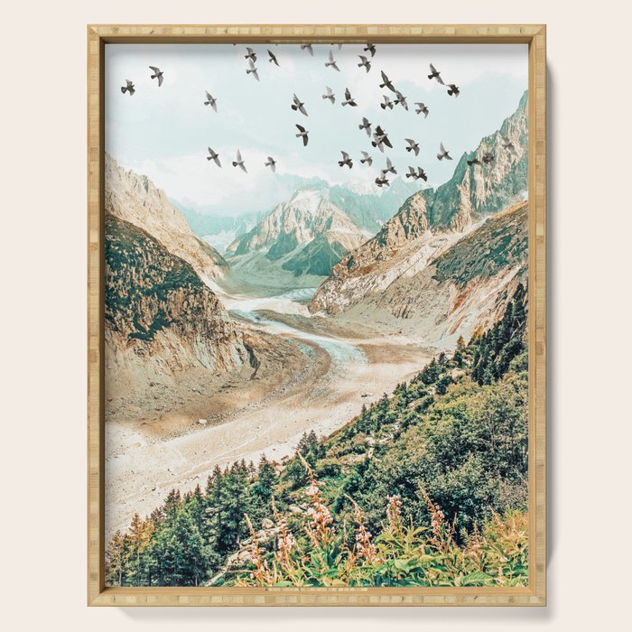 Apricity, Scenic Neutral Pastel Nature Travel Photography, Mountains Exotic Birds Landscape Path Serving Tray