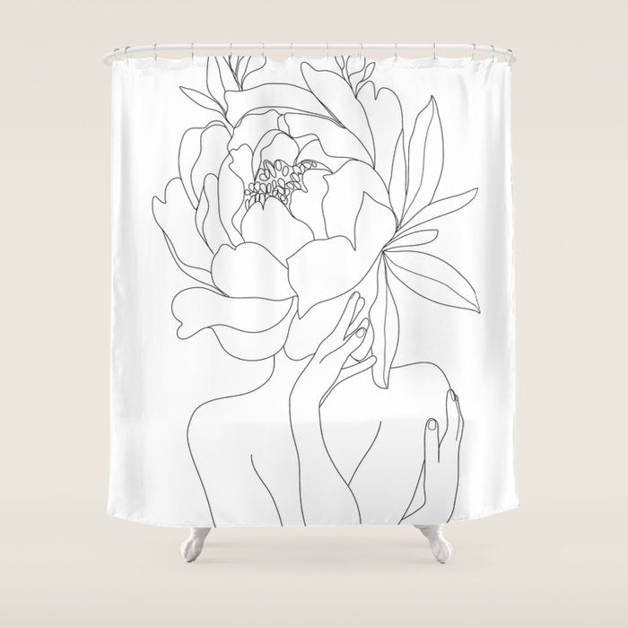 Minimal Line Art Woman Flower Head Shower Curtain