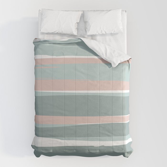 Festive, Abstract, Stripes Pattern, Pink, Green, White Comforter