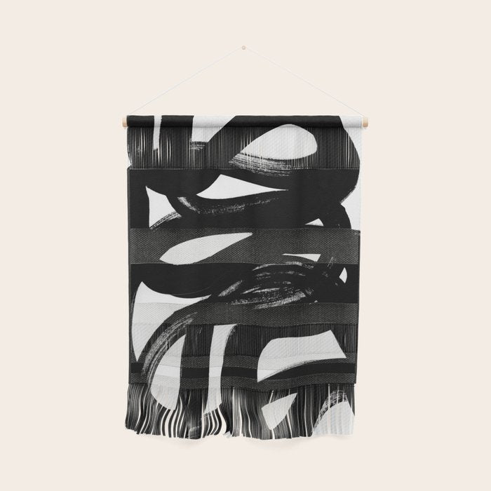 Swirl Black & White Minimalist Abstract Mid Century Ink Art Dark Brush Strokes Wall Hanging