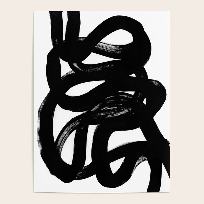 Swirl Black & White Minimalist Abstract Mid Century Ink Art Dark Brush Strokes Poster