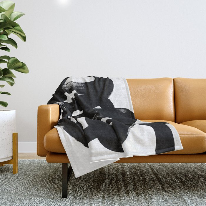 Swirl Black & White Minimalist Abstract Mid Century Ink Art Dark Brush Strokes Throw Blanket