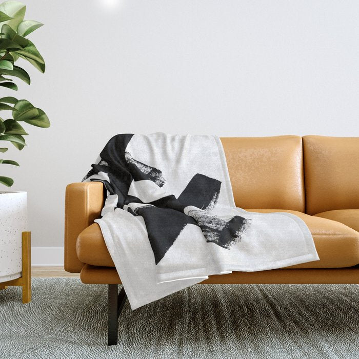 X Black & White Minimalist Abstract Mid Century Ink Art Dark Brush Strokes Throw Blanket