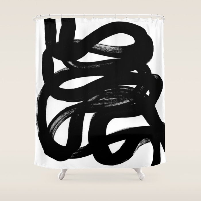 Swirl Black & White Minimalist Abstract Mid Century Ink Art Dark Brush Strokes Shower Curtain